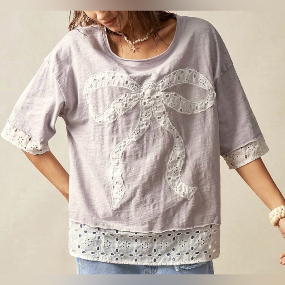 Women's Lace Bow Top - Light Gray - Picture 4 of 10